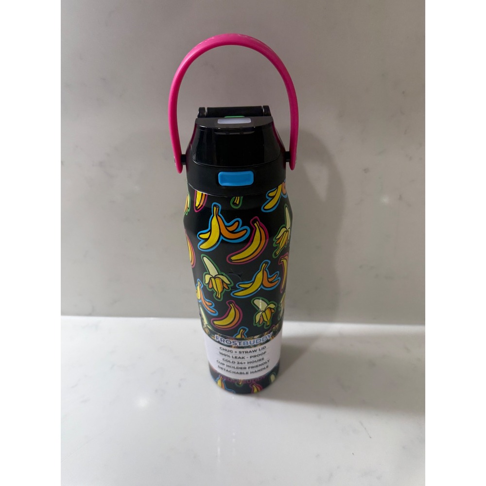 Frost Buddy Insulated Water Bottle Neon Banana Print Chug Straw Lid Pink Handle